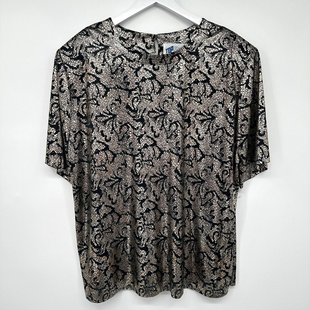 Vintage Top Notch Metallic Gold Lame Top Shirt Blouse Plus Size 20W Shoulder Pad